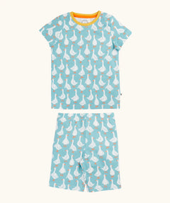 Frugi 100% organic cotton snooze pj set in light blue with repeating white goose print on the short sleeve top and shorts