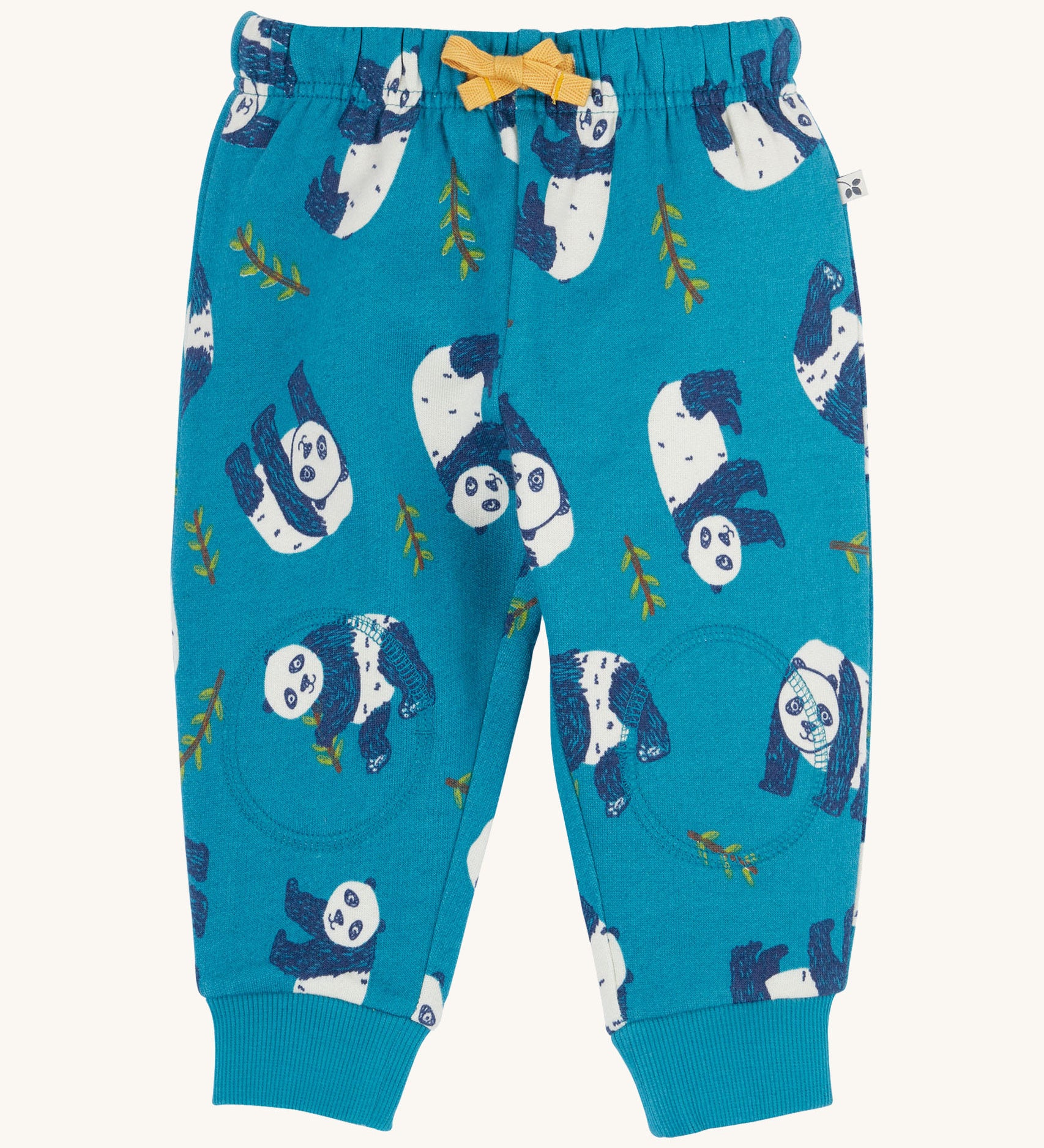 Frugi snuggle crawlers in panda pals available at Babipur. A GOTS organic cotton jooger style bottom in light blue with a playful panda print. Features soft knee patches and a yellow drawstring cord around the waist.