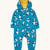 Frugi snuggle suit in panda pals available at Babipur. A GOTS organic cotton light blue hooded all in one with a playful panda design. Features a full length zip fastener.
