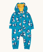 Frugi snuggle suit in panda pals available at Babipur. A GOTS organic cotton light blue hooded all in one with a playful panda design. Features a full length zip fastener.