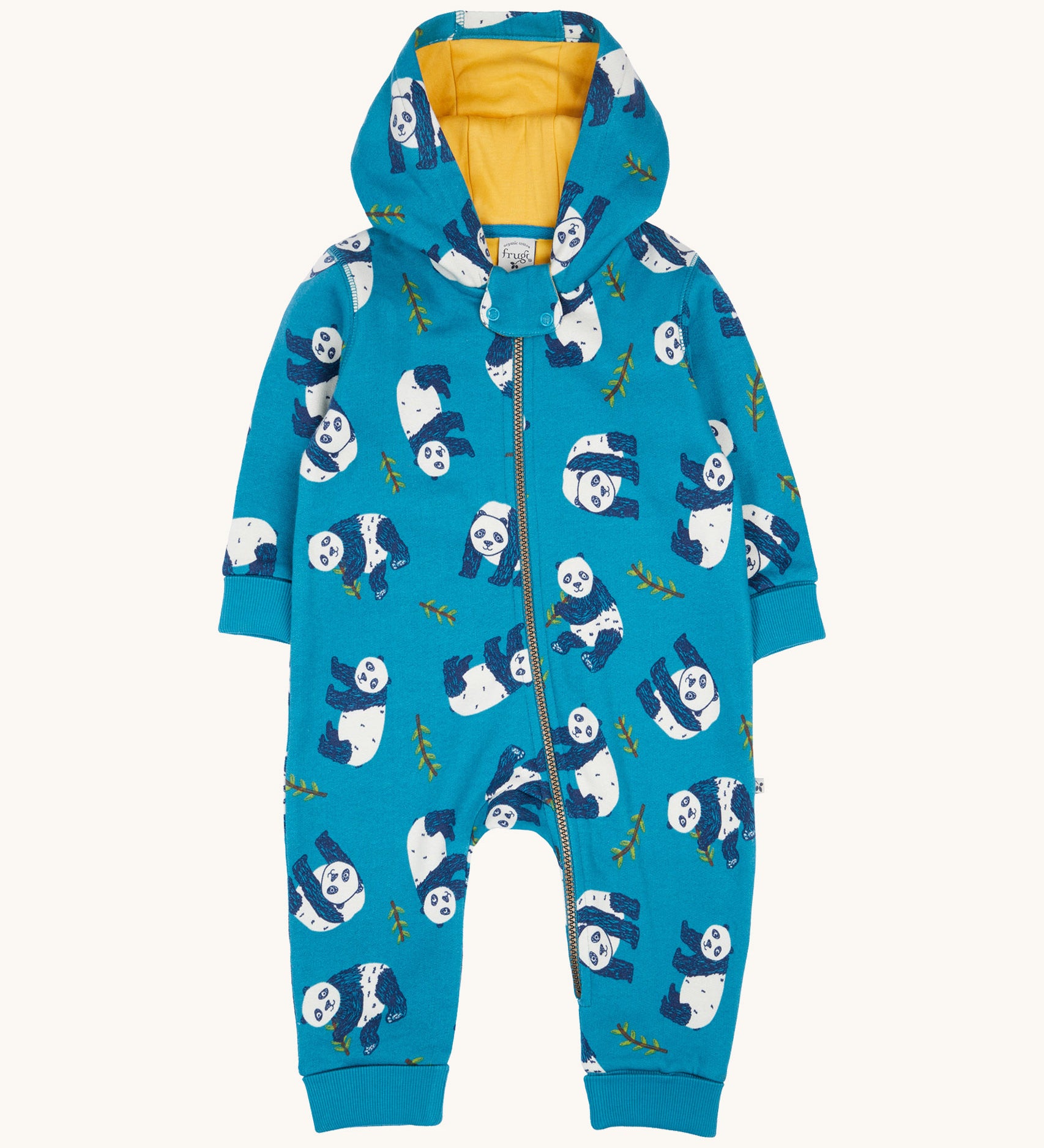 Frugi snuggle suit in panda pals available at Babipur. A GOTS organic cotton light blue hooded all in one with a playful panda design. Features a full length zip fastener.
