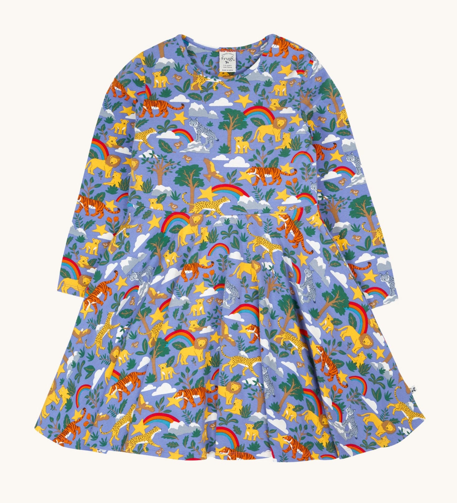 Frugi sofia skater dress in grape / into the wild available at Babipur. A GOTS organic cotton lilac skater dress with a playful wildlife print 