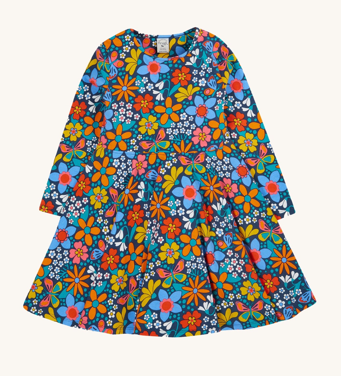 Frugi sofia skater dress in navy / retro flowers available at Babipur. A GOTS organic cotton skater dress in navy with a bright retro floral design. 