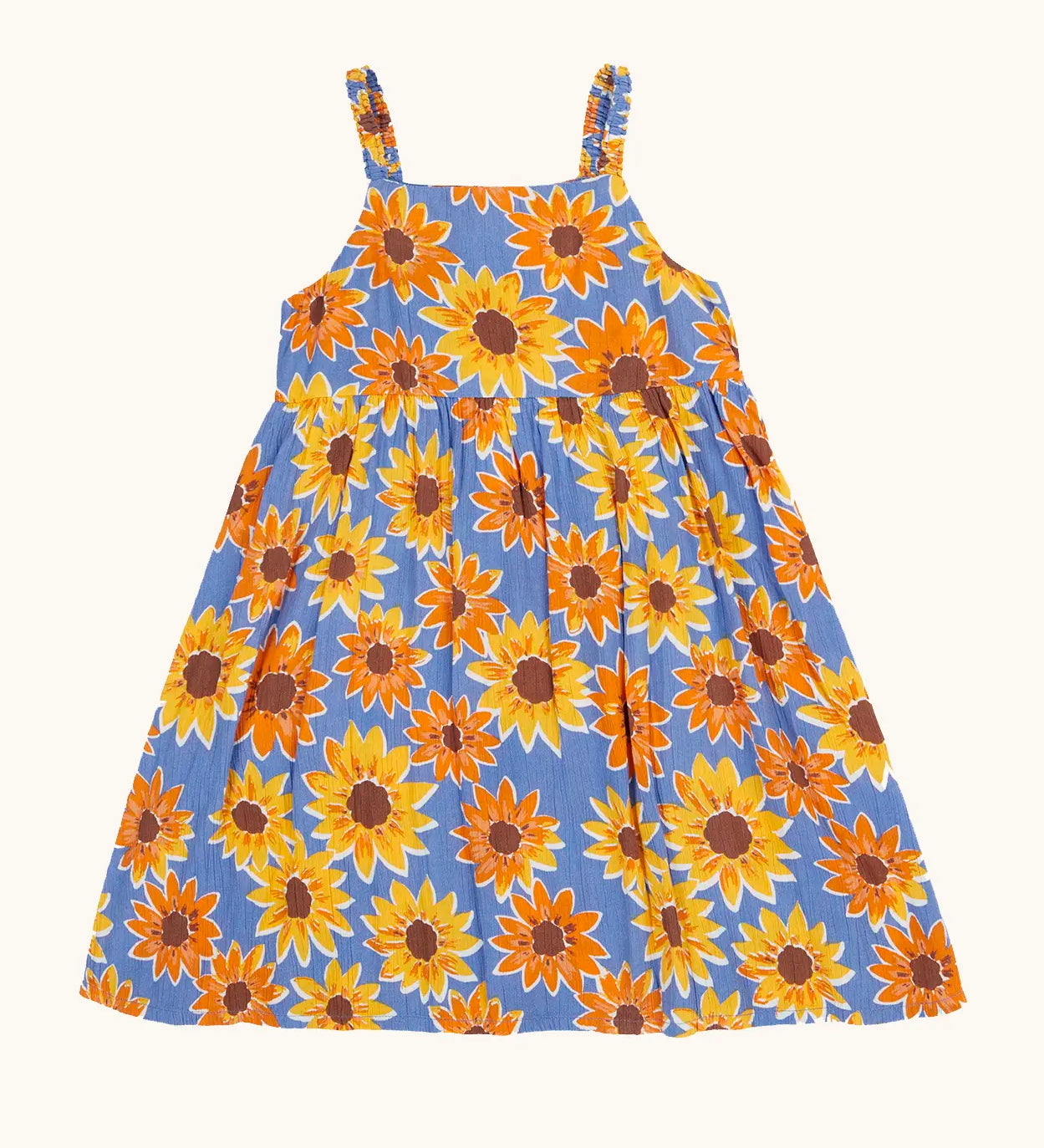 Frugi 100% organic cotton Sophie summer sleeveless dress in purple with a repeating sunflower print