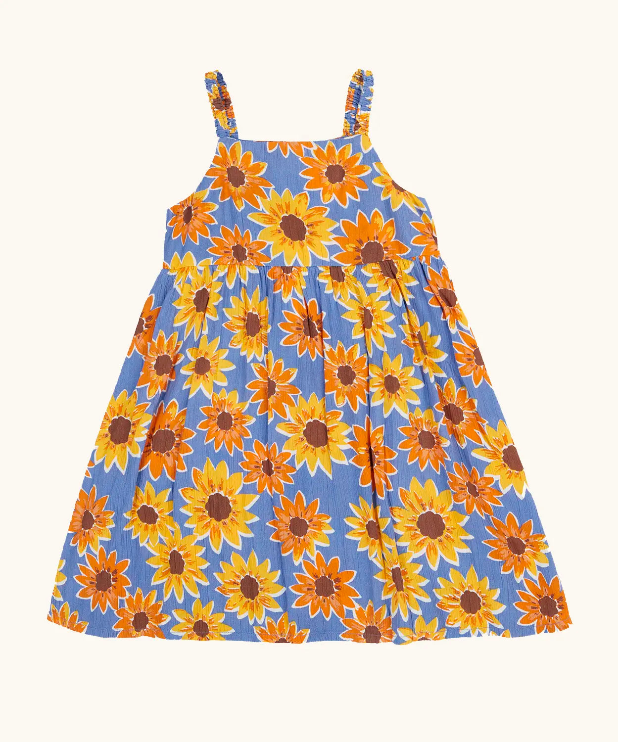 Frugi 100% organic cotton Sophie summer sleeveless dress in purple with a repeating sunflower print