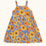 Frugi 100% organic cotton Sophie summer sleeveless dress in purple with a repeating sunflower print