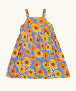 Frugi 100% organic cotton Sophie summer sleeveless dress in purple with a repeating sunflower print