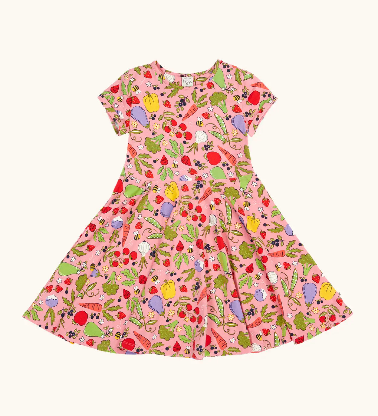 Frugi 100% organic cotton spring skater dress in pink with a repeating fruit and veg print.
