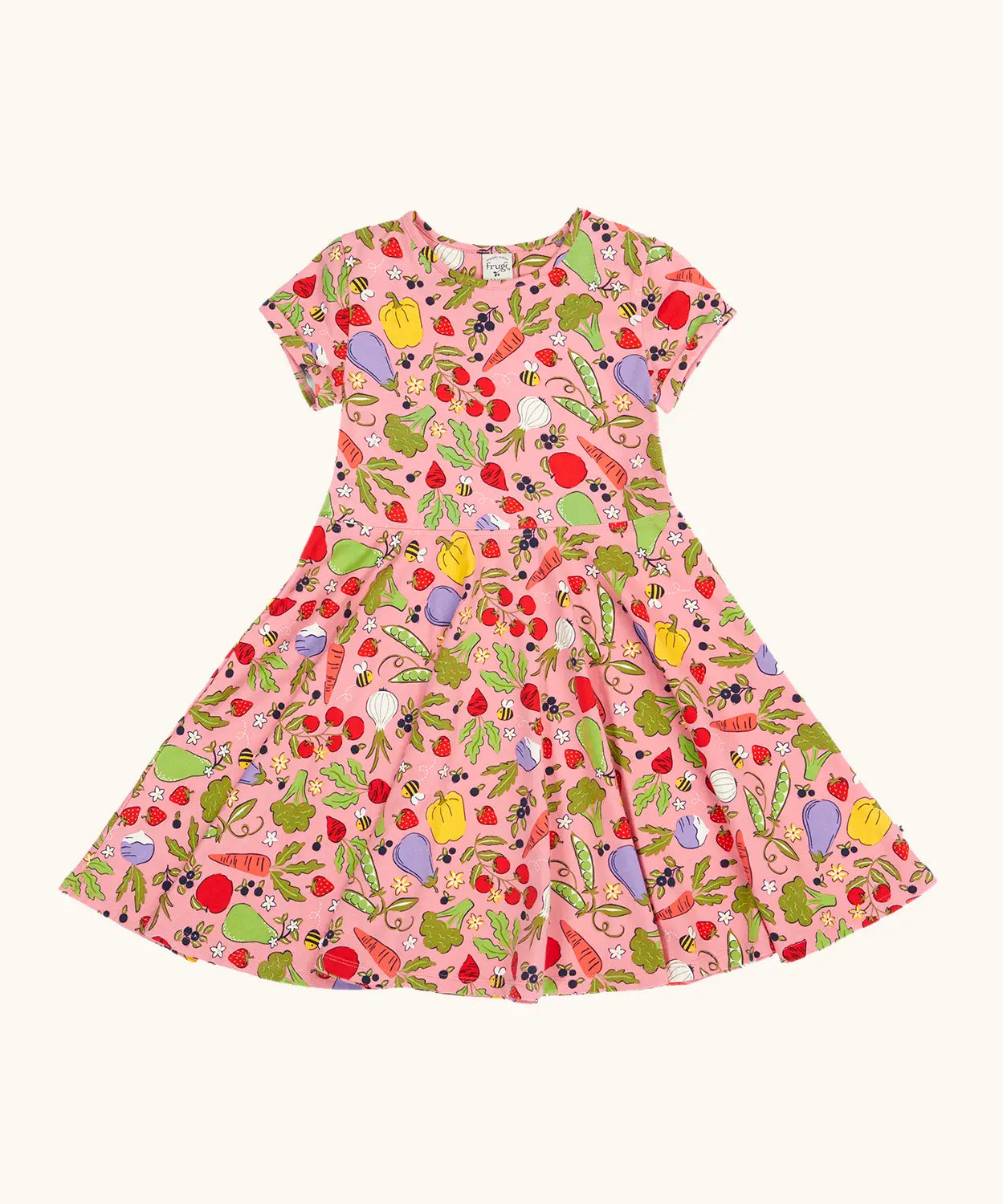 Frugi 100% organic cotton spring skater dress in pink with a repeating fruit and veg print.