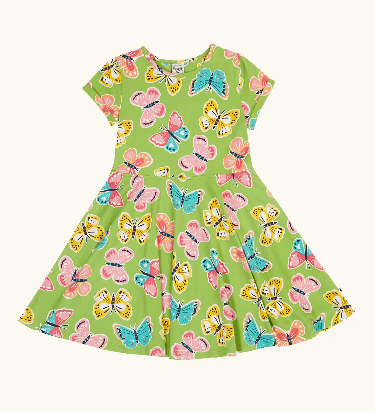 Frugi 100% organic cotton spring skater dress in green with a repeating colourful butterfly print.