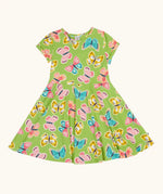 Frugi 100% organic cotton spring skater dress in green with a repeating colourful butterfly print.