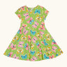 Frugi 100% organic cotton spring skater dress in green with a repeating colourful butterfly print.