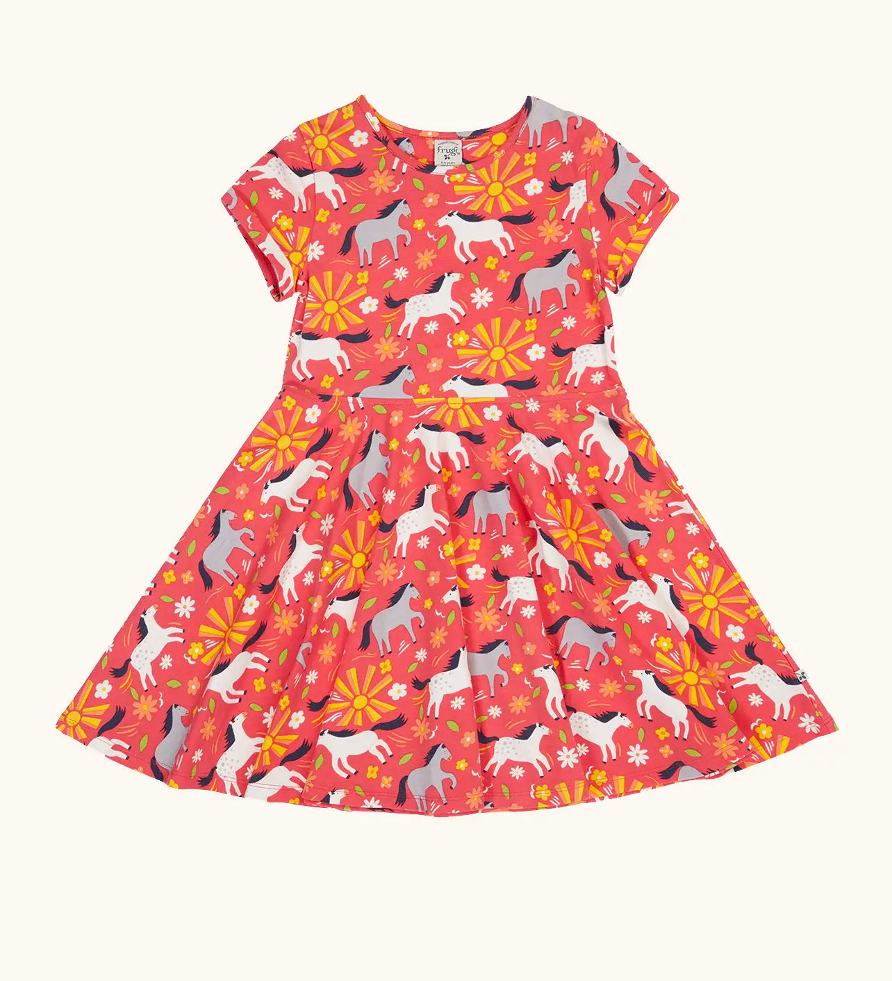 Frugi 100% spring skater dress in coral pink with repeating prints of grey and white horses
