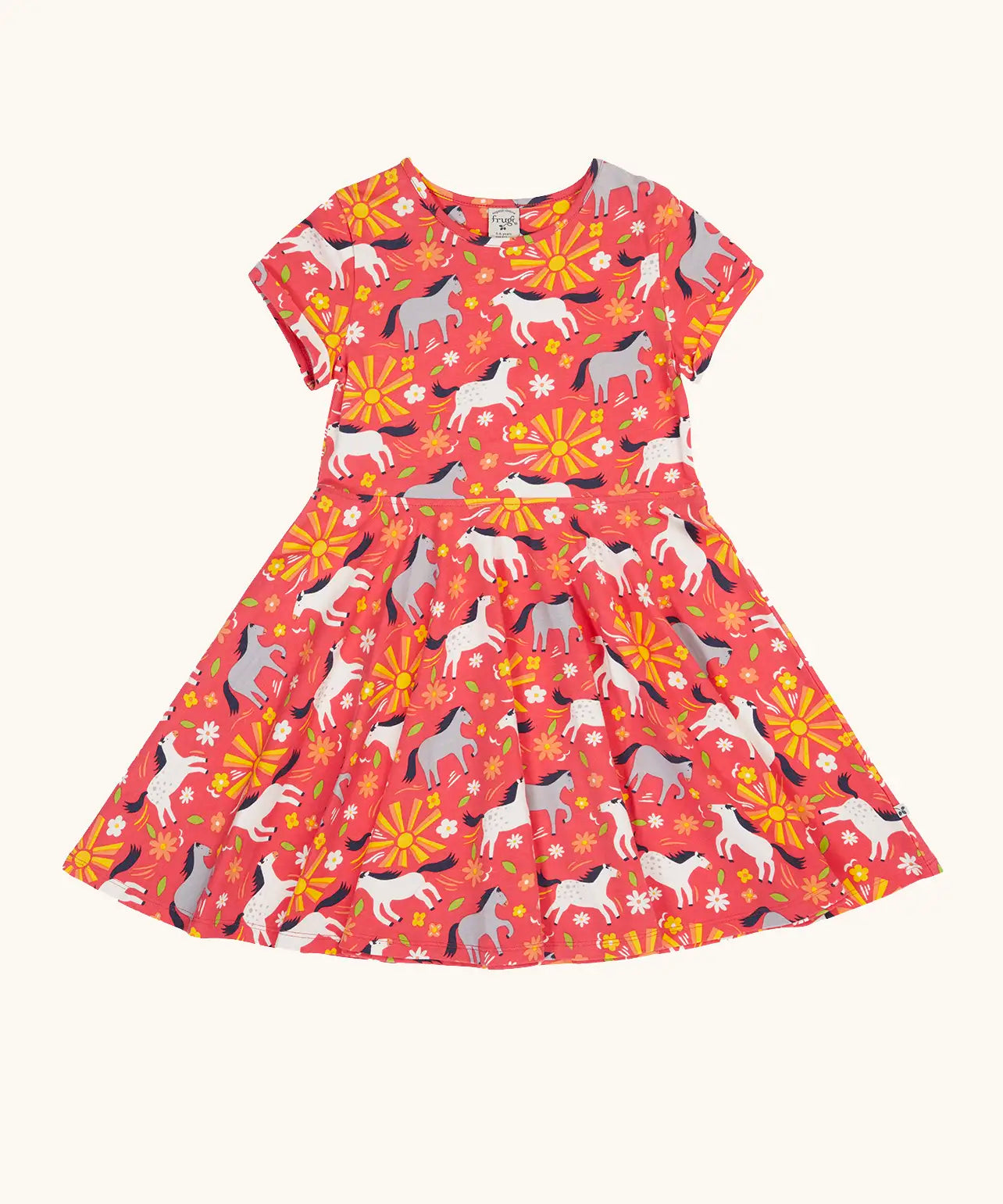 Frugi 100% spring skater dress in coral pink with repeating prints of grey and white horses