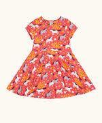 Frugi 100% spring skater dress in coral pink with repeating prints of grey and white horses