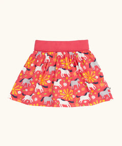 Frugi 100% organic cotton spring skort in coral pink with a repeating white and grey pony and sunshine print.