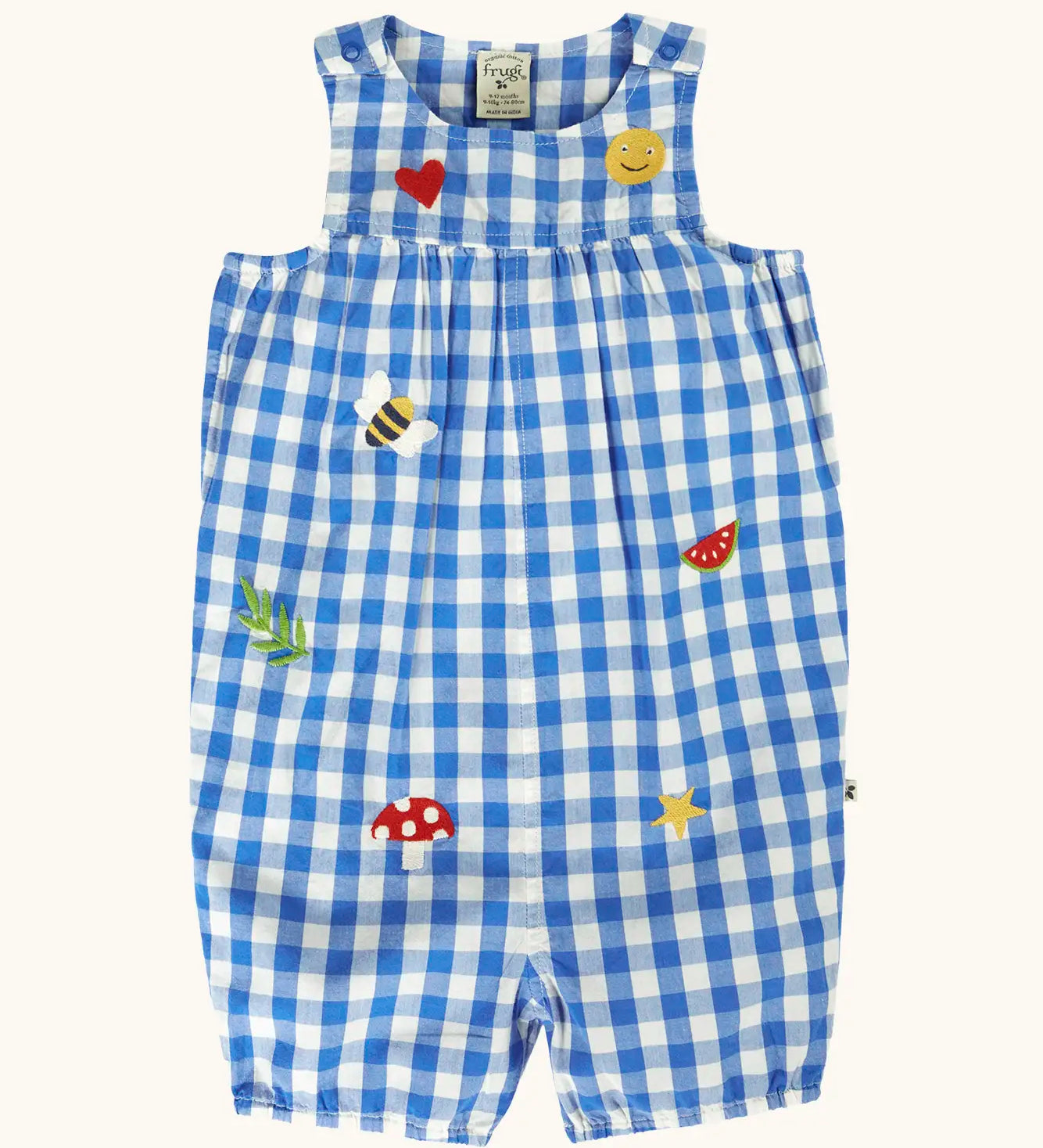 Frugi 100% organic cotton summer short dungarees in blue and white gingham with Spring inspired embroideries 