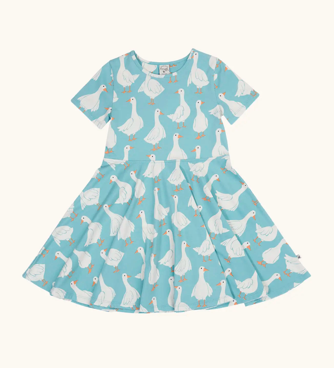 Frugi 100% organic cotton sunshine skater dress in light blue with a repeating white goose print. 