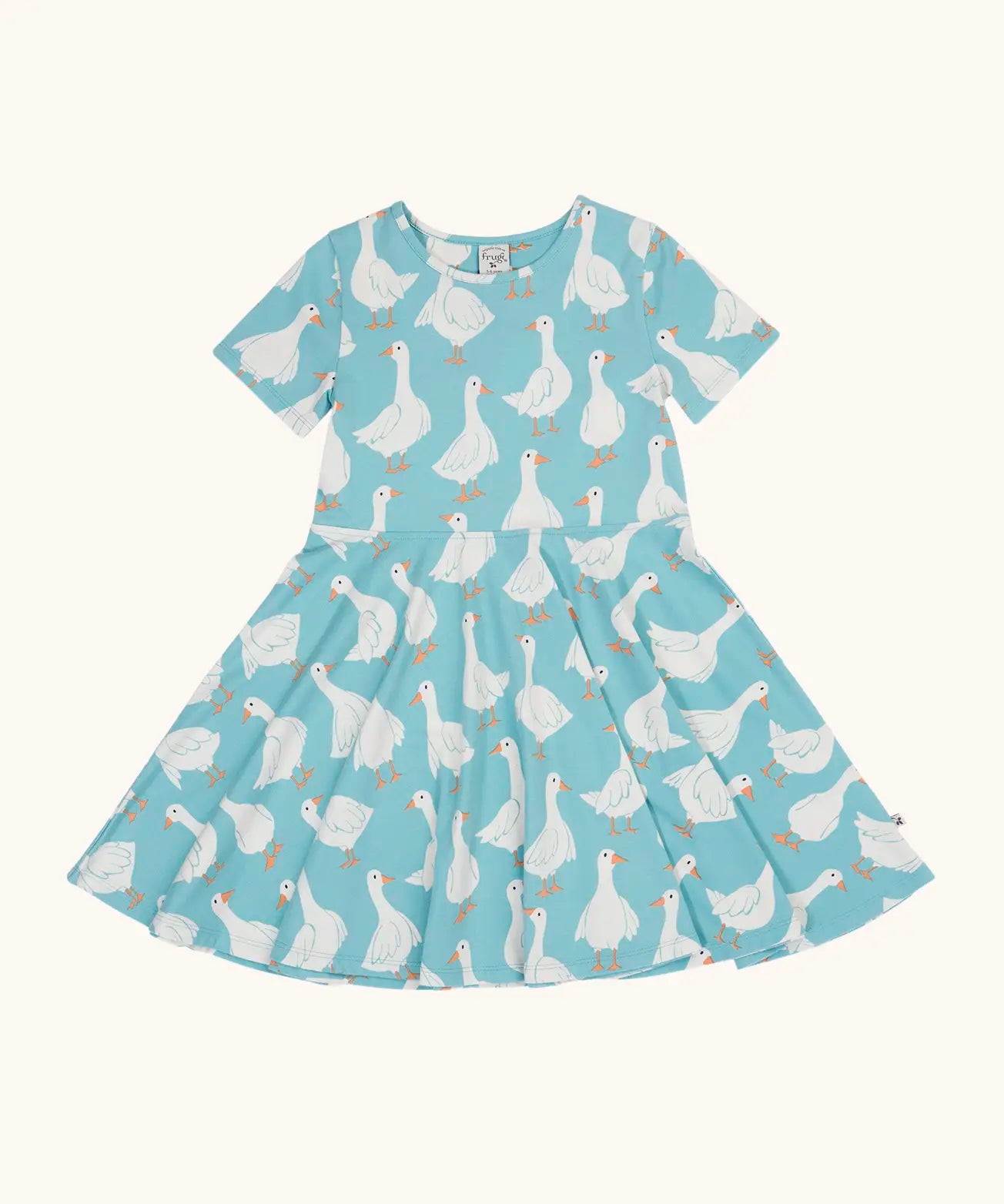 Frugi 100% organic cotton sunshine skater dress in light blue with a repeating white goose print. 