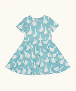 Frugi 100% organic cotton sunshine skater dress in light blue with a repeating white goose print. 