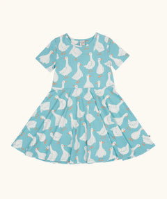 Frugi 100% organic cotton sunshine skater dress in light blue with a repeating white goose print. 