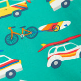 Close up of Frugi 100% organic cotton sweatshirt in light green showing  repeating beach inspired vehicles. 
