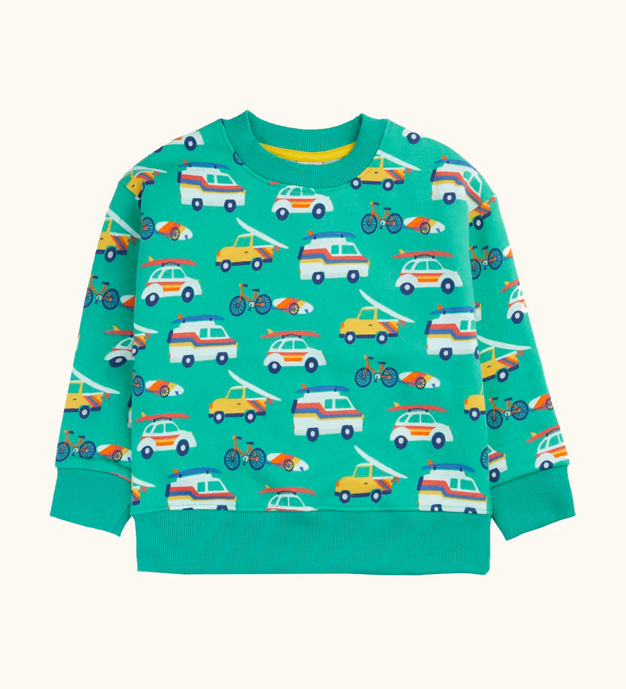 Frugi 100% organic cotton sweatshirt in light green with repeating beach inspired vehicles. Shows elasticated cuff and hem