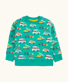 Frugi 100% organic cotton sweatshirt in light green with repeating beach inspired vehicles. Shows elasticated cuff and hem