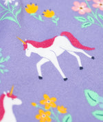 A close up of the unicorn featured on the print on the Frugi superb sweatshirt in unicorn floral available at Babipur. A soft GOTS organic cotton sweatshirt in lilac with a unicorn and floral print all over.