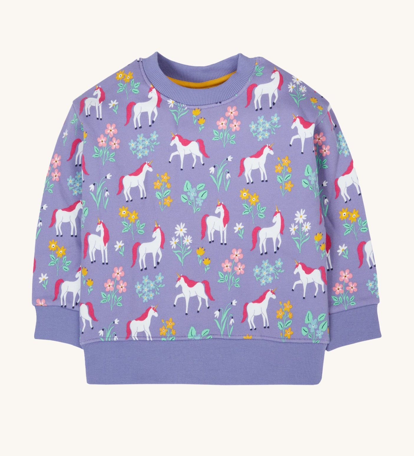 Frugi superb sweatshirt in unicorn floral available at Babipur. A soft GOTS organic cotton sweatshirt in lilac with a unicorn and floral print all over.
