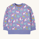 Frugi superb sweatshirt in unicorn floral available at Babipur. A soft GOTS organic cotton sweatshirt in lilac with a unicorn and floral print all over.