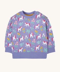 Frugi superb sweatshirt in unicorn floral available at Babipur. A soft GOTS organic cotton sweatshirt in lilac with a unicorn and floral print all over.