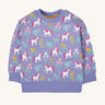 Frugi superb sweatshirt in unicorn floral available at Babipur. A soft GOTS organic cotton sweatshirt in lilac with a unicorn and floral print all over.