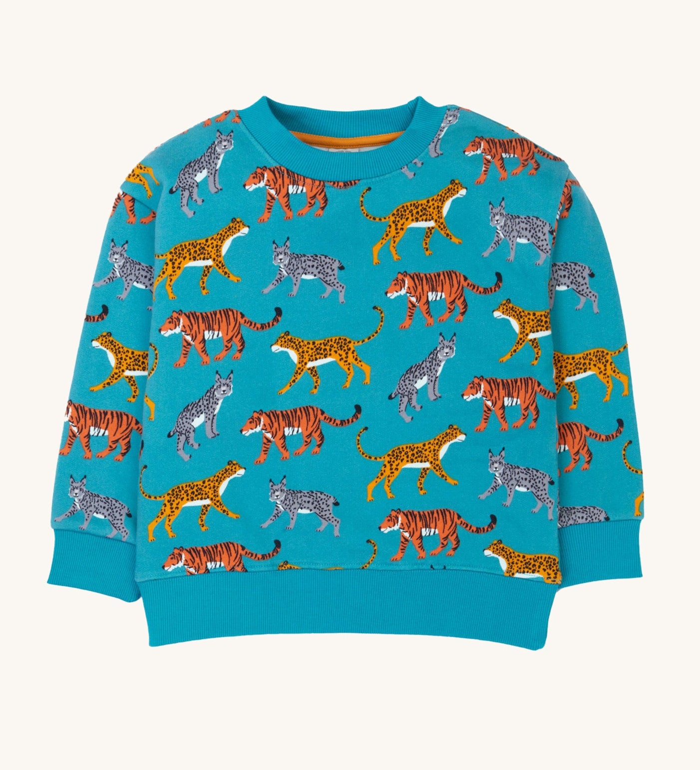 Frugi superb sweatshirt in wild cats available at Babipur. A GOTS organic cotton light blue sweatshirt with a design of different breeds of lions 