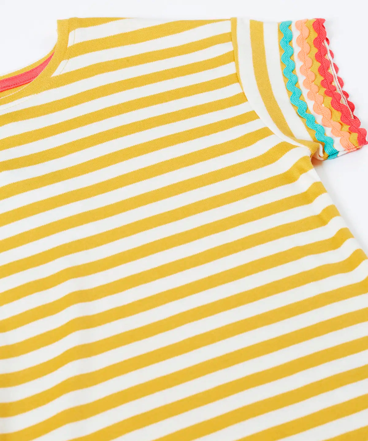 Frugi 100% organic cotton Thea yellow and white striped short sleeve t-shirt laid flat showing ric rac decorative trim on the sleeves