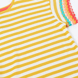 Frugi 100% organic cotton Thea yellow and white striped short sleeve t-shirt laid flat showing ric rac decorative trim on the sleeves