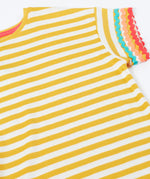 Frugi 100% organic cotton Thea yellow and white striped short sleeve t-shirt laid flat showing ric rac decorative trim on the sleeves
