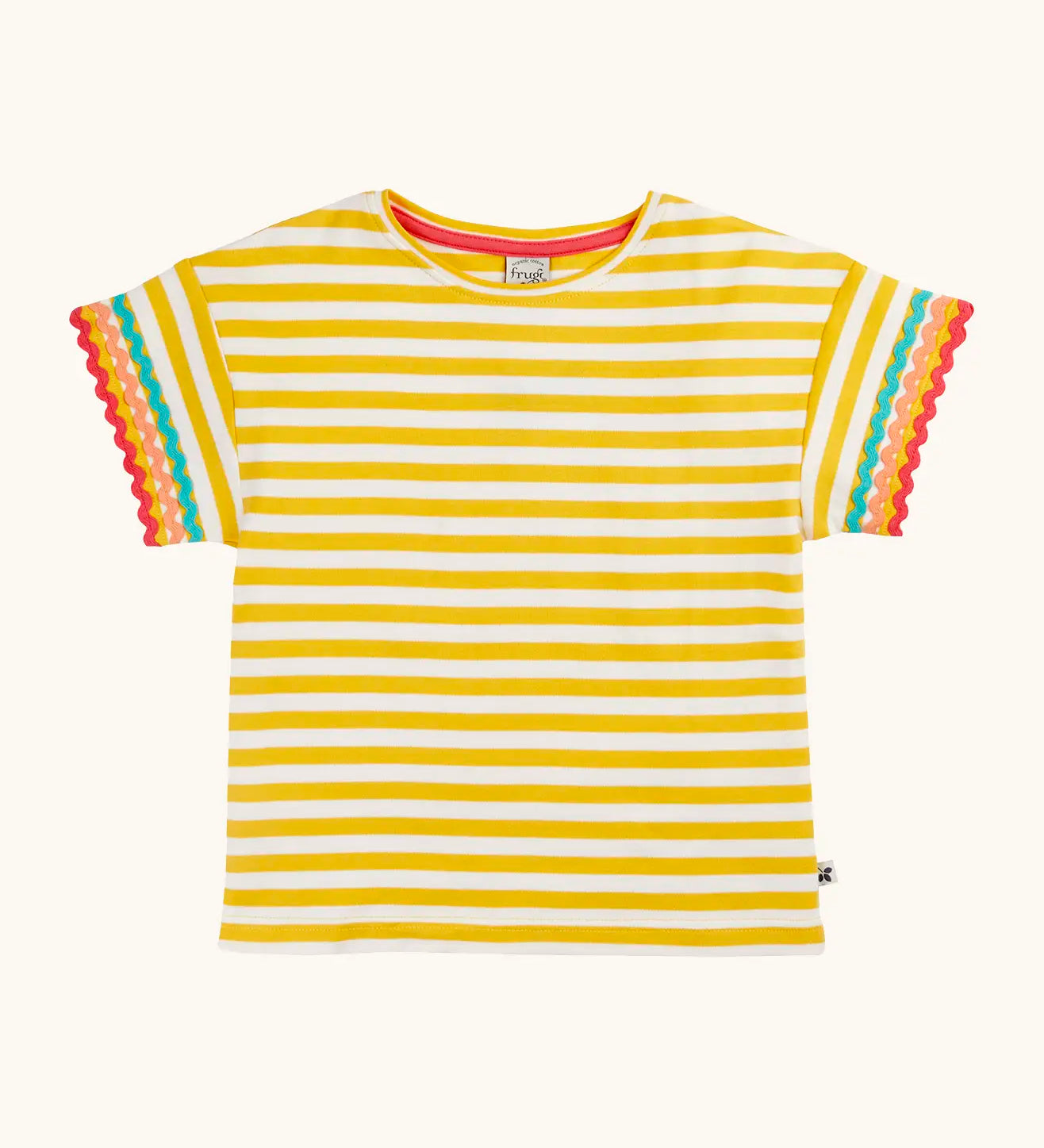 Frugi 100% organic cotton Thea yellow and white striped short sleeve t-shirt with a ric rac decorative trim on the sleeves