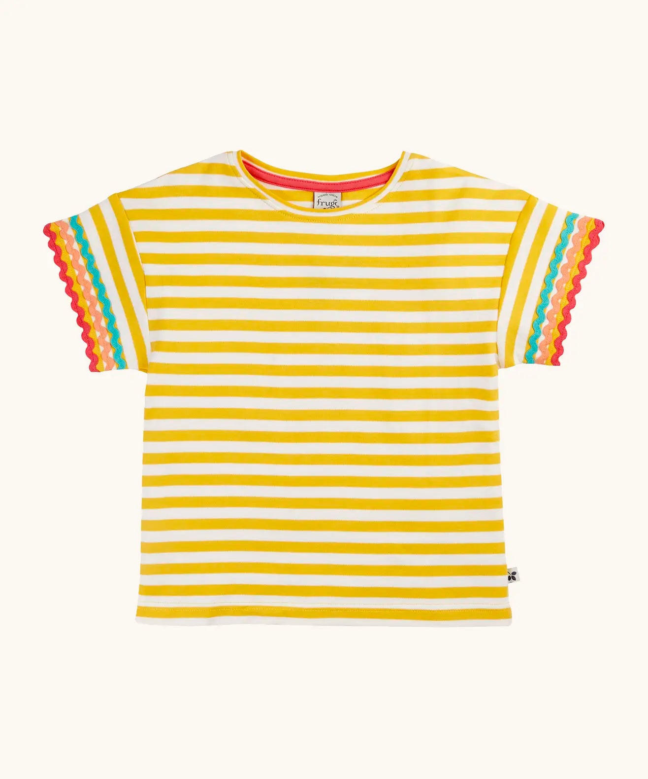 Frugi 100% organic cotton Thea yellow and white striped short sleeve t-shirt with a ric rac decorative trim on the sleeves