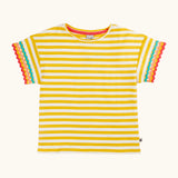 Frugi 100% organic cotton Thea yellow and white striped short sleeve t-shirt with a ric rac decorative trim on the sleeves