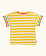 Frugi 100% organic cotton Thea yellow and white striped short sleeve t-shirt with a ric rac decorative trim on the sleeves