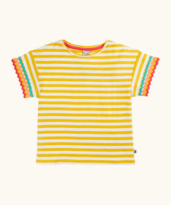 Frugi 100% organic cotton Thea yellow and white striped short sleeve t-shirt with a ric rac decorative trim on the sleeves