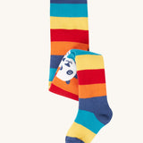 Frugi toasty tights in big rainbow stripes/panda available at Babipur. A GOTS organic cotton tights with bright and bold rainbow stripes with a panda design on the knees.