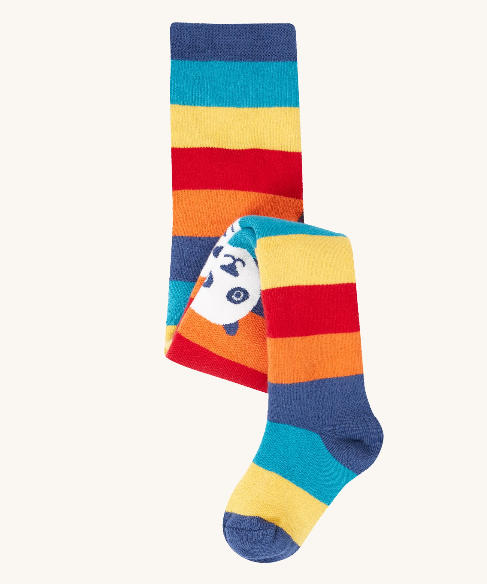 Frugi toasty tights in big rainbow stripes/panda available at Babipur. A GOTS organic cotton tights with bright and bold rainbow stripes with a panda design on the knees.