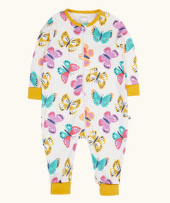 Frugi 100% organic cotton Zelah all in one in white with a repeating butterfly print. Showing full length front zip