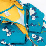 A close up of the front zip closure on the Frugi snuggle suit in panda pals available at Babipur. A GOTS organic cotton light blue hooded all in one with a playful panda design. Features a full length zip fastener. 