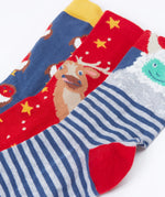 A close up of the Frugi rock my socks 3 in festive multipack available at Babipur. GOTS socks in 3 different designs including a striped with a yeti, a red with reindeer and a blue sock with a cute robin design.