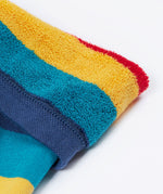 A close up of the inside of the Frugi toasty tights in big rainbow stripes/panda available at Babipur. A GOTS organic cotton tights with bright and bold rainbow stripes with a panda design on the knees.