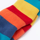 A close up of the material of the Frugi toasty tights in big rainbow stripes/panda available at Babipur. A GOTS organic cotton tights with bright and bold rainbow stripes with a panda design on the knees.