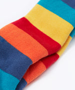 A close up of the material of the Frugi toasty tights in big rainbow stripes/panda available at Babipur. A GOTS organic cotton tights with bright and bold rainbow stripes with a panda design on the knees.